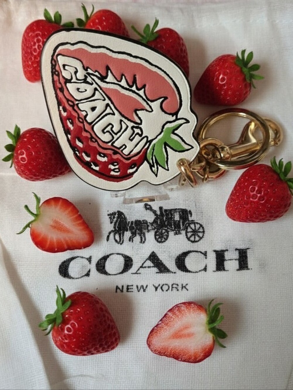 COACH Strawberry Leather Key Chain - White & Red With Coach Dustbag - Picture 1 of 6